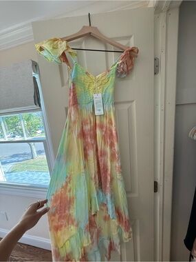Tiare Hawaii Pastel Tie-Dye Ruffle Strap High-Low Maxi Dress